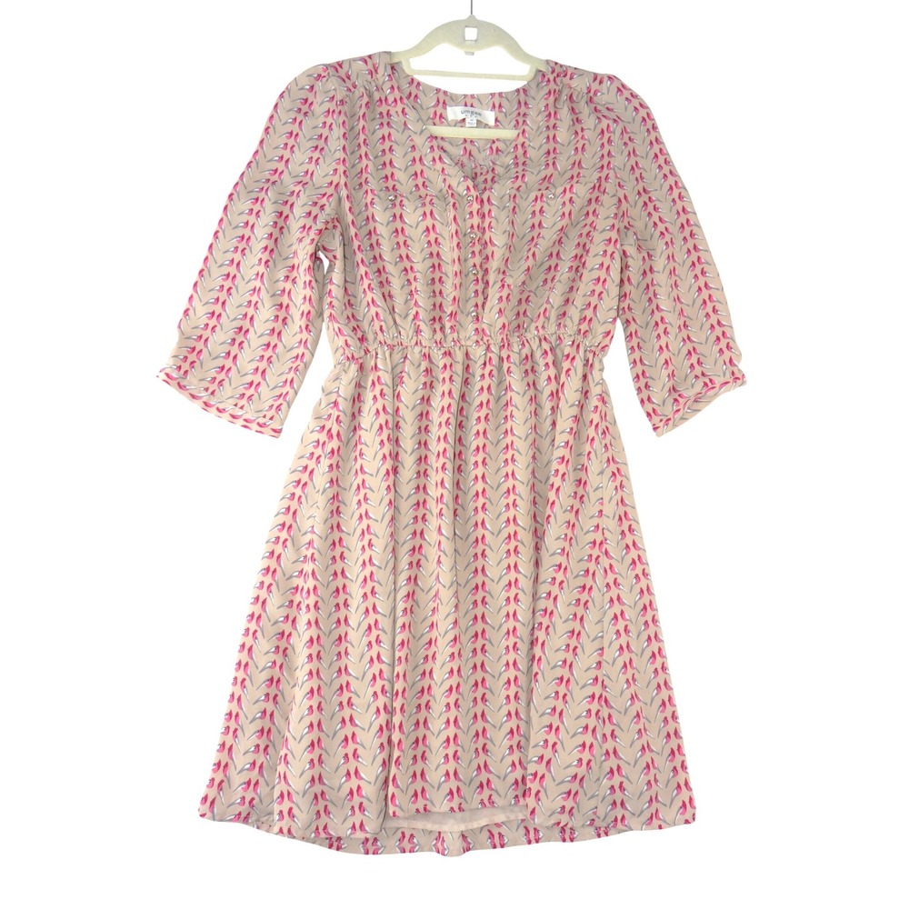 Umgee USA Womens Tan Pink Bird Print V-Neck Button Front Elastic Waist Dress M